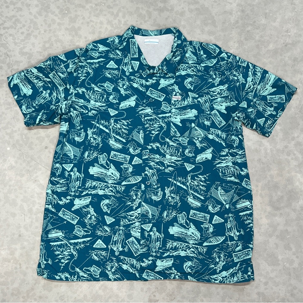 COLUMBIA PFG FISHING SHIRT MENS XLTG FLYFISHING CANOE ALL OVER PRINT EXCELLENT